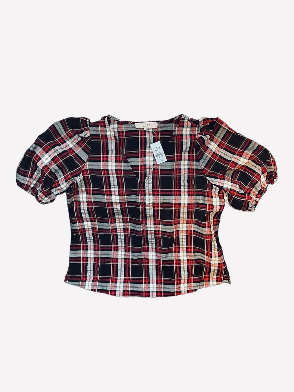 LOFT Black, Red & White Plaid V Neck Short Sleeve Blouse